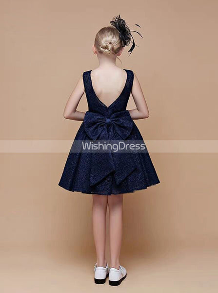 Dark Navy Lace Party Dress for Teens,Knee Length Junior Bridesmaid Dress,JB00046