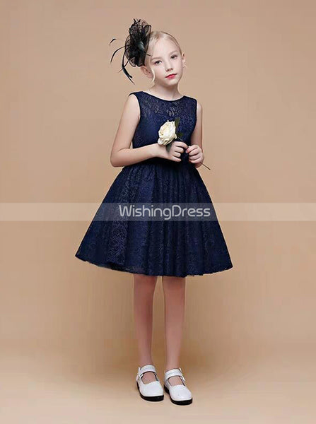 Dark Navy Lace Party Dress for Teens,Knee Length Junior Bridesmaid Dress,JB00046