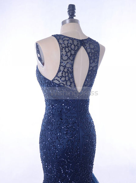 Dark Navy Mermaid Prom Dress,Beaded Tulle Prom Dress,Sparkly Prom Dress PD00046