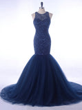 Dark Navy Mermaid Prom Dress,Beaded Tulle Prom Dress,Sparkly Prom Dress PD00046