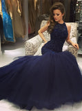 Dark Navy Mermaid Prom Dress,Beaded Tulle Prom Dress,Sparkly Prom Dress PD00046