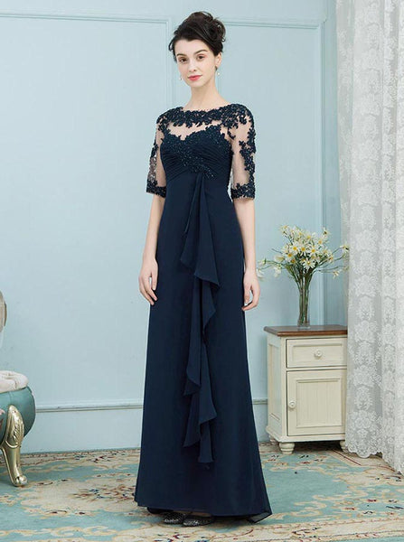 Dark Navy Mother of the Bride Dresses,Mother Dress with Sleeves,Wedding Guest Dress Long,MD00005