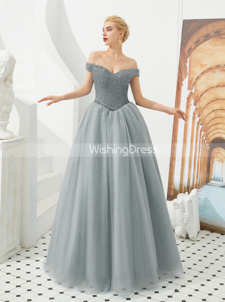 Dusty Blue Prom Gown,Princess Off the Shoulder Ball Gown Dress,PD00456