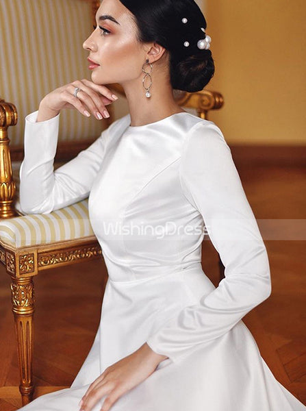 Elegant Soft Satin Wedding Dress with Long Sleeves,Simple Wedding Dress,WD00621