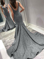 Grey Mermaid Prom Dresses Formal Evening Dress with Sweep Train PD0038 Wishingdress