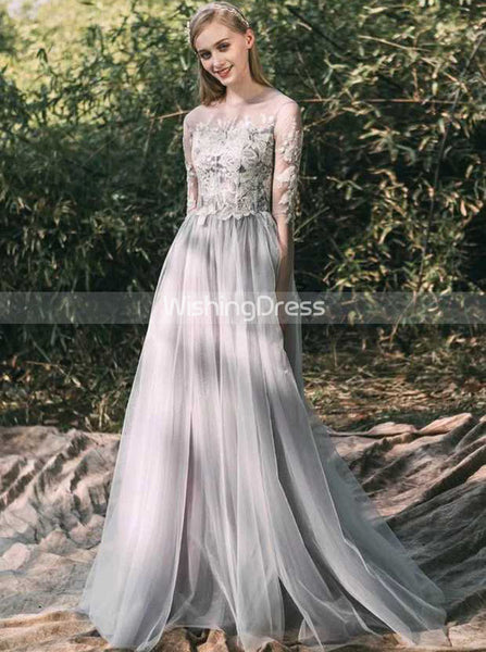 Grey Outdoor Wedding Dress,Illsuion Long Sleeves Wedding Gown,WD00459