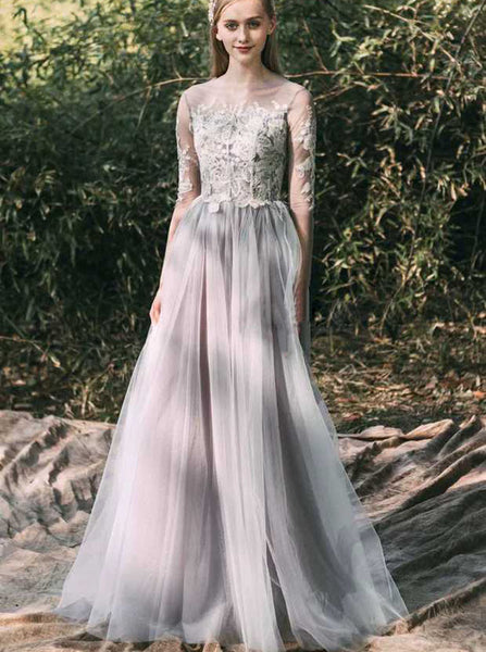 Grey Outdoor Wedding Dress,Illsuion Long Sleeves Wedding Gown,WD00459