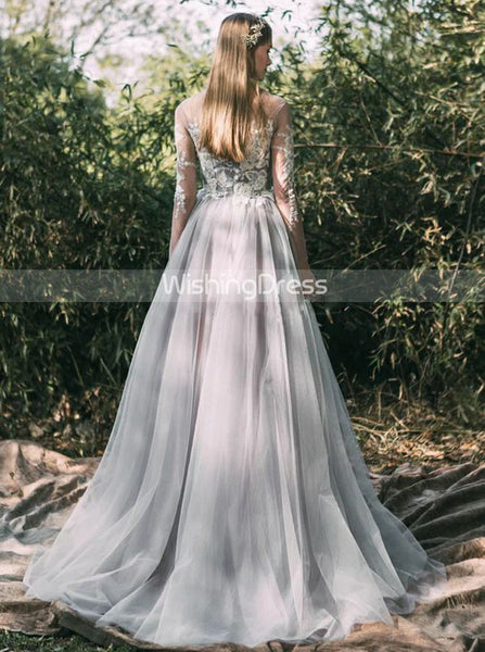 Grey Outdoor Wedding Dress,Illsuion Long Sleeves Wedding Gown,WD00459