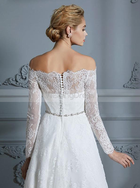 High Low Wedding Dresses,Beach Wedding Dress,Lace Wedding Dress with Long Sleeves,WD00246