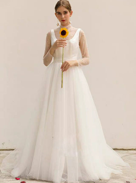 Illusion High Neck Wedding Dresses,Long Sleeves Bridal Dress with Pearls,WD00458