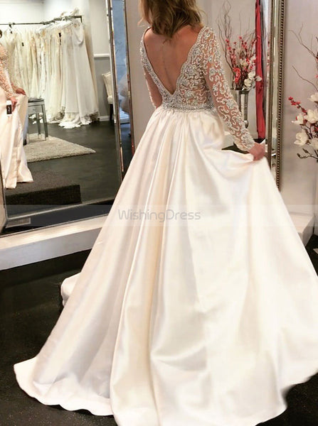 Illusion Wedding Dress,Wedding Dress with Sleeves,Satin Bridal Dress,WD00155