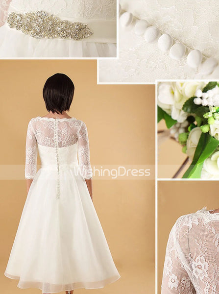 Ivory Tea Length Wedding Dress with Sleeves,Modest Wedding Reception Dress,WD00565