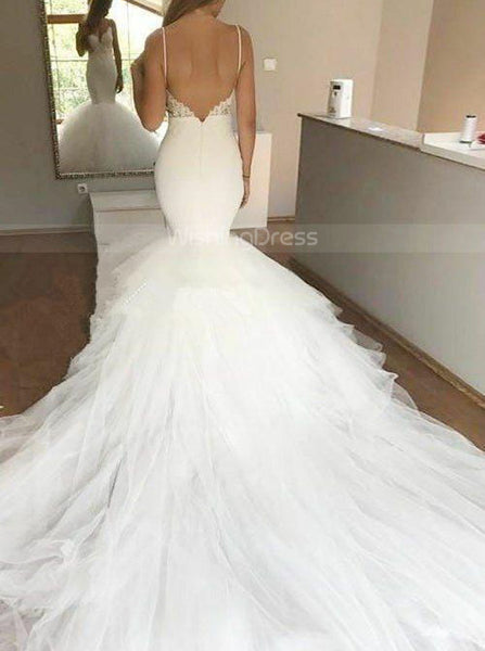 Ivory Wedding Dresses with Straps,Mermaid Bridal Gown with Long Train,WD00338