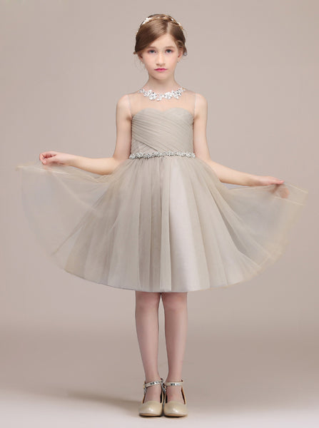 Knee Length Junior Bridesmaid Dress,White Tulle Flower Girl Dress,JB00023