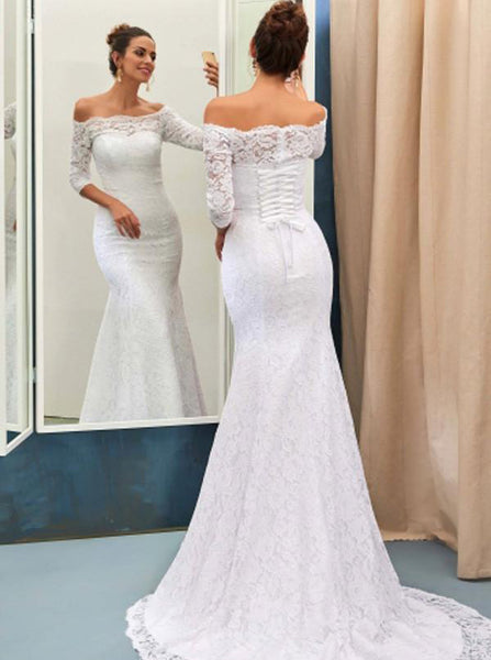 Lace Wedding Dress,Off the Shoulder Bridal Dress,Wedding Dress with Sleeves,WD00195