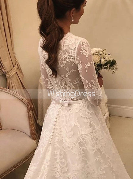 Modest Lace Wedding Dresses,Princess A-line Lace Wedding Dress with Sleeves,WD00614