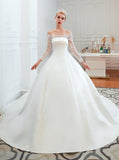 Off the Shoulder Bridal Dress with Lace Sleeves,Satin Bridal Gown,WD00485