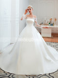 Off the Shoulder Bridal Dress with Lace Sleeves,Satin Bridal Gown,WD00485