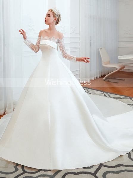 Off the Shoulder Bridal Dress with Lace Sleeves,Satin Bridal Gown,WD00485