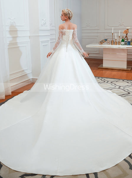 Off the Shoulder Bridal Dress with Lace Sleeves,Satin Bridal Gown,WD00485