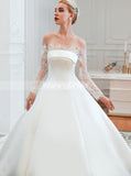 Off the Shoulder Bridal Dress with Lace Sleeves,Satin Bridal Gown,WD00485