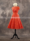 Orange A-line Lace Wedding Dresses,Tea Length Wedding Party Dress with Sash,WD00530