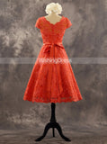 Orange A-line Lace Wedding Dresses,Tea Length Wedding Party Dress with Sash,WD00530