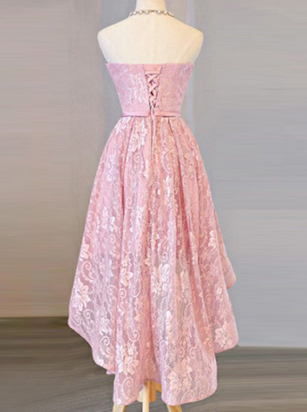Pink Strapless Lace Homecoming Dress,High Low Prom Dress,Girl Party Dress PD00127