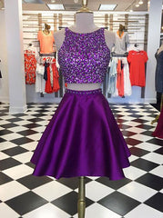 Purple Two Piece Homecoming Dresses Beaded Satin Cocktail Dress HC0017 Wishingdress