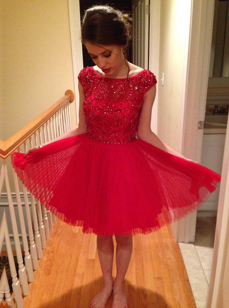 Red Homecoming Dresses,Tulle Homecoming Dress,Beaded Homecoming Dress,HC00078