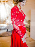 Red Wedding Dresses,Wedding Dress with Long Sleeves,Destination Wedding Dress,WD00202