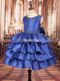 Royal Blue Knee Length Dress for Little Girls,Layered Satin Girl Pageant Dress,GPD0025