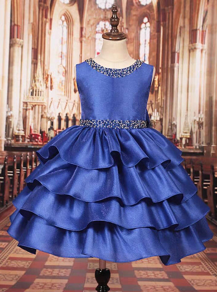 Royal Blue Knee Length Dress for Little Girls,Layered Satin Girl Pageant Dress,GPD0025