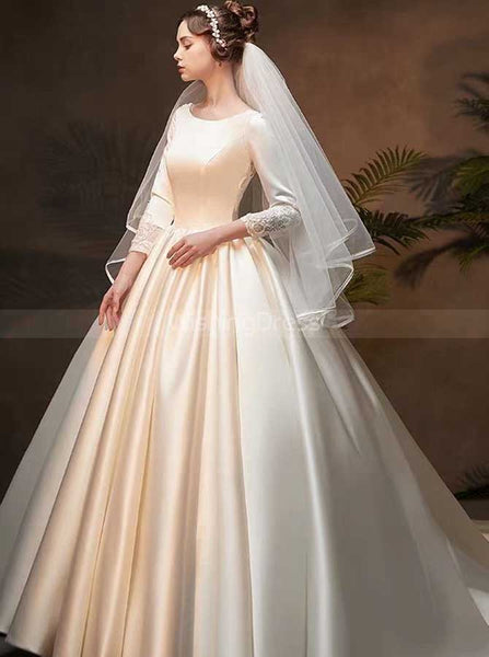 Satin Ball Gown Wedding Dress with Sleeves,Classic Bridal Gown,WD00371