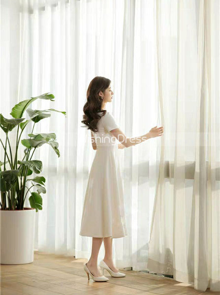 Satin Tea Length Wedding Dresses,Short Sleeves Wedding Reception Dress,WD00435