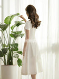 Satin Tea Length Wedding Dresses,Short Sleeves Wedding Reception Dress,WD00435