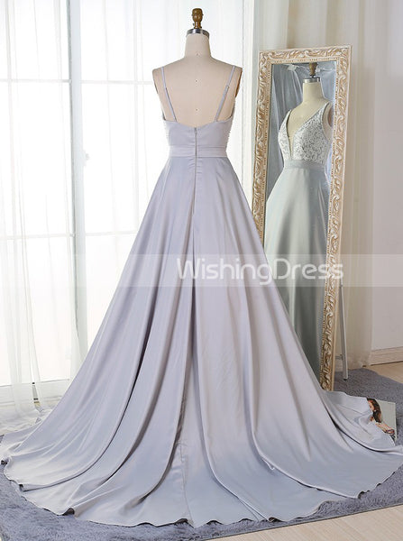 Silver Prom Dresses,A-line Prom Dress,Prom Dress with Train,PD00340