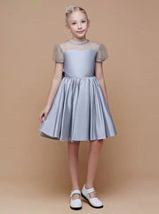 Silver Taffeta Little Girls Party Dresses Short Junior Bridesmaid Dres Wishingdress