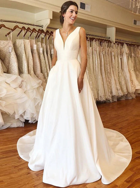 Simple Wedding Dress with Pockets,A-line Gown with Deep V-neck,WD00619