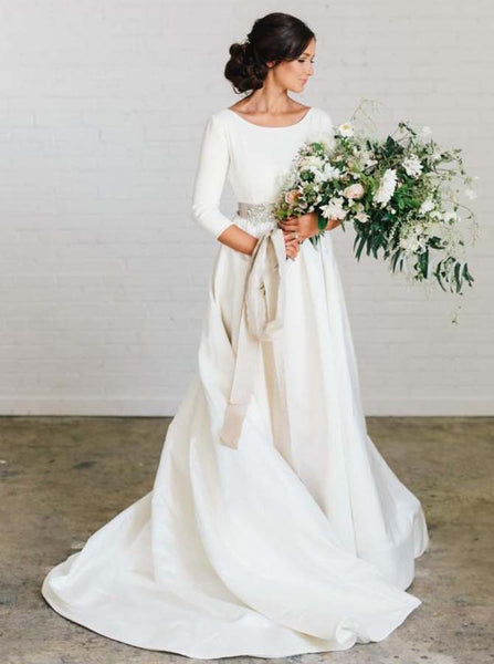 Simple Wedding Dress with Sleeves,Open Back Satin Bridal Dress,WD00414