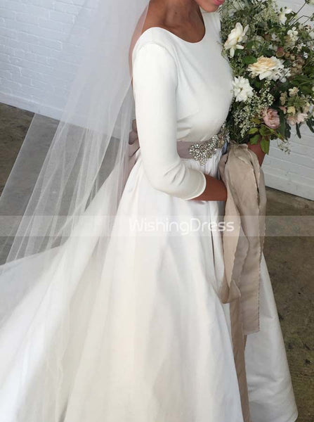 Simple Wedding Dress with Sleeves,Open Back Satin Bridal Dress,WD00414