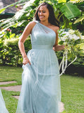 Steel Blue Bridesmaid Dress,One Shoulder Long Bridesmaid Dress,Tulle Bridesmaid Dress,BD00139