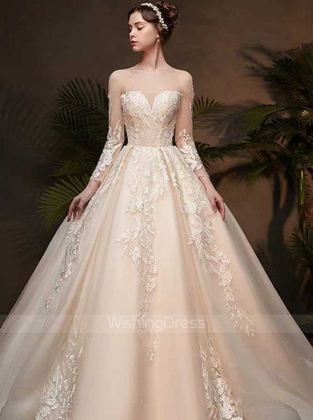 Stunning Wedding Gown with Sleeves,Illusion Bridal Dress,WD00370
