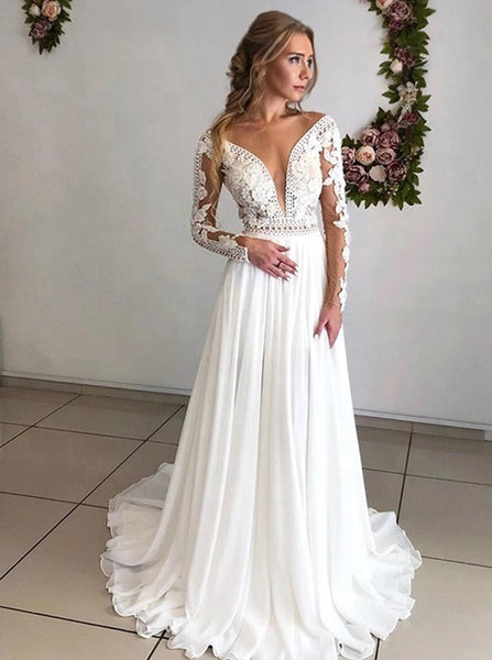 Summer Wedding Dress Chiffon,Boho Wedding Dress with Sleeves,WD00624