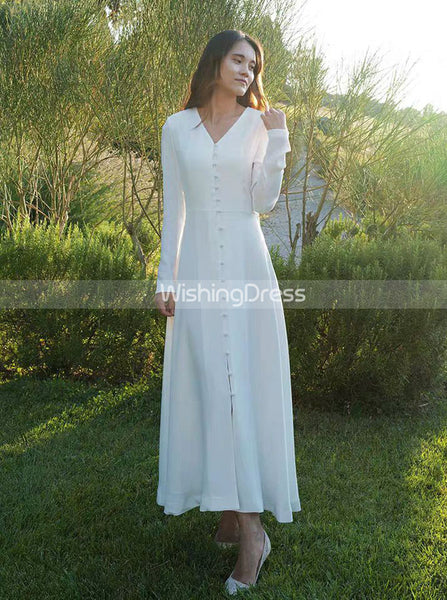 Tea Length Wedding Dresses,Beach Wedding Dress with Sleeves,WD00440