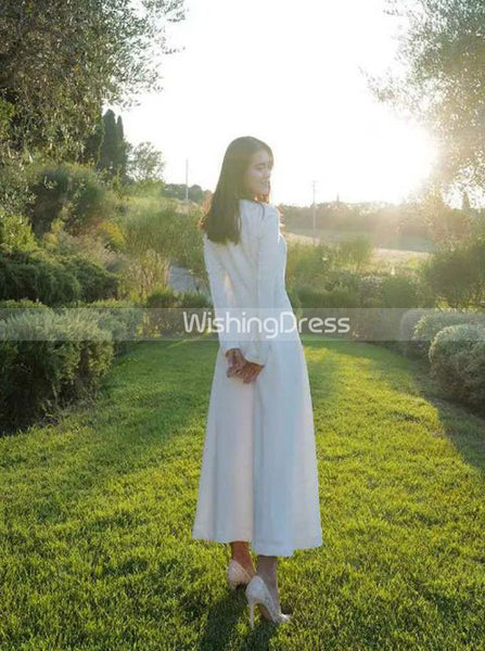 Tea Length Wedding Dresses,Beach Wedding Dress with Sleeves,WD00440