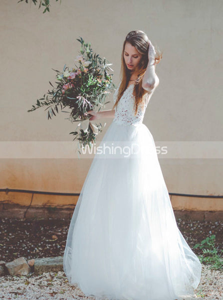 Tulle Wedding Dress with Spaghetti Straps,Floor Length Beach Wedding Dress,WD00454