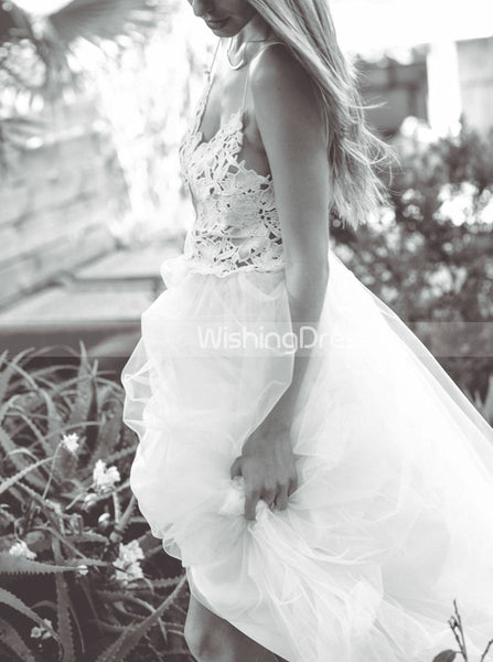 Tulle Wedding Dress with Spaghetti Straps,Floor Length Beach Wedding Dress,WD00454