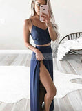 Two Piece Long Prom Dress,Spaghetti Straps Prom Dress,Dark Navy Chiffon Prom Dress PD00002