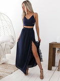 Two Piece Long Prom Dress,Spaghetti Straps Prom Dress,Dark Navy Chiffon Prom Dress PD00002